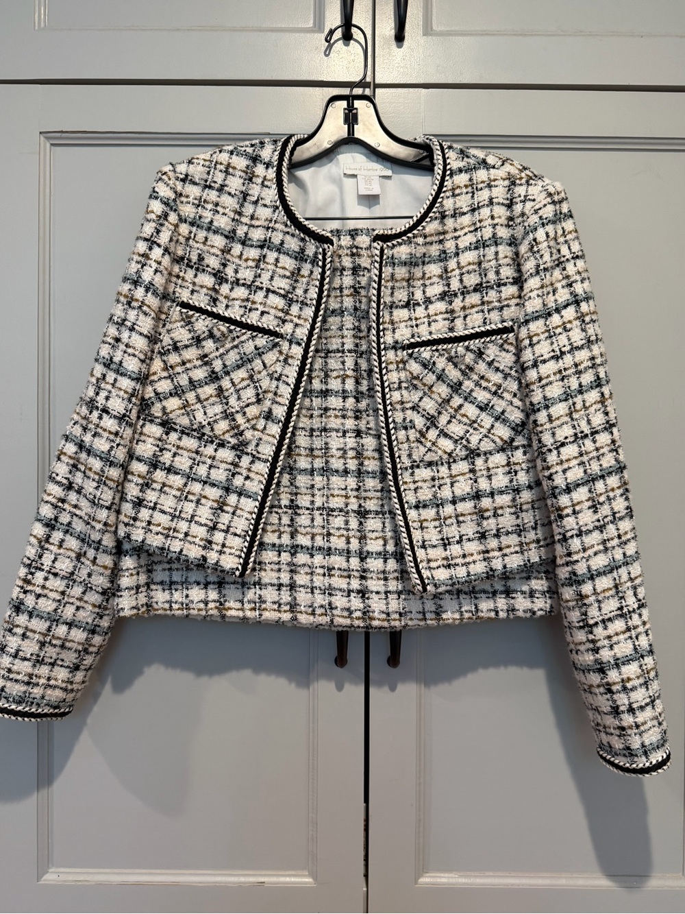 House of Harlow 1960 Cropped Tweed Jacket in Ivory, Black & Blue